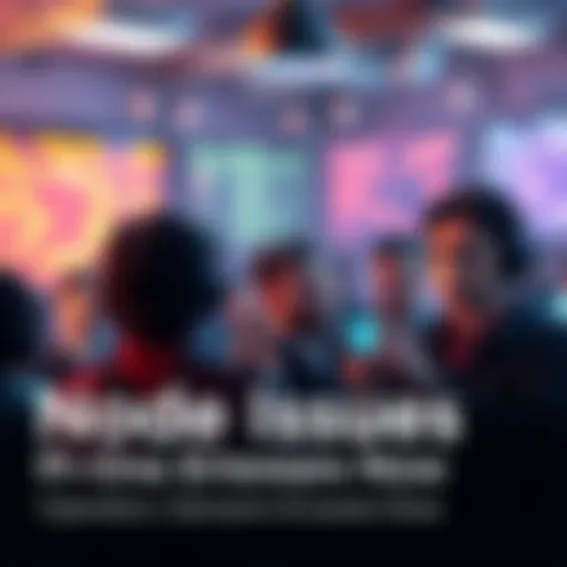 A group of frustrated Pi Network operators gathered, looking at devices displaying error messages and diagnostics failures, expressing concern over Node issues.
