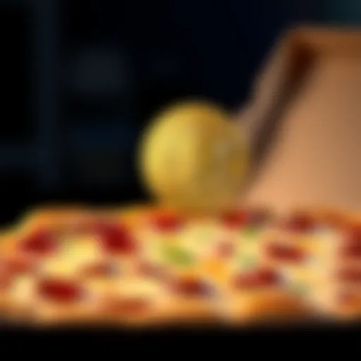 A pizza box with a shiny Bitcoin coin resting on top of it, symbolizing the famous Bitcoin Pizza Day.