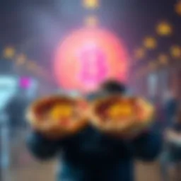 A person holding two pizzas with a Bitcoin symbol in the background, celebrating the anniversary of the first Bitcoin purchase.