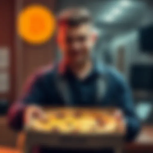 A man holding a pizza box with a Bitcoin logo in the background, symbolizing the historic purchase of pizza using cryptocurrency.