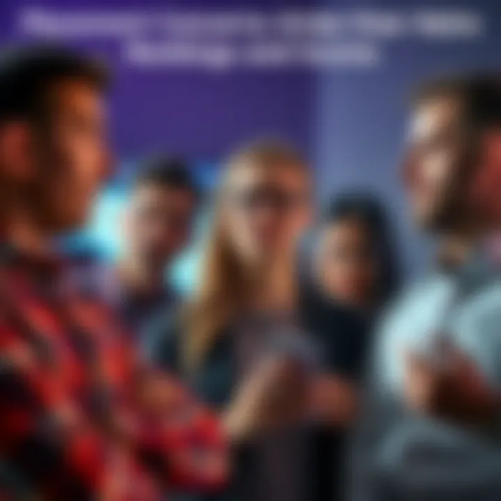 A group of people talking with serious expressions about low placement rankings and scores, showing concern for the future.