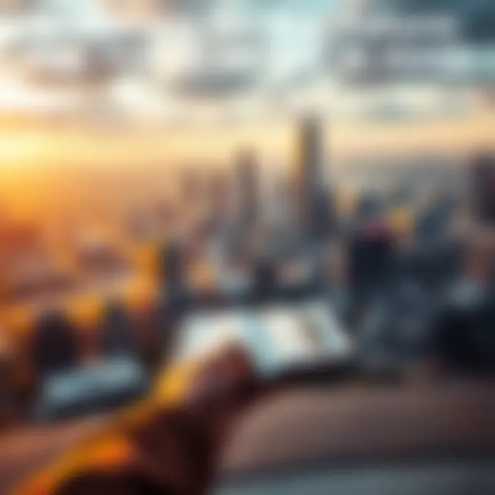 A person looking at a futuristic city skyline while holding a notebook and pen, contemplating financial security and personal well-being.