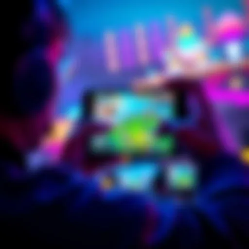 A player focused on their smartphone, immersed in the Atlas Earth game, with vibrant graphics displayed on the screen, symbolizing free-to-play strategies.