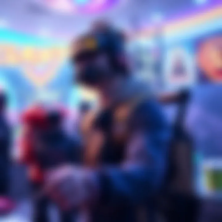 A character in a colorful game collecting badges while exploring a virtual world