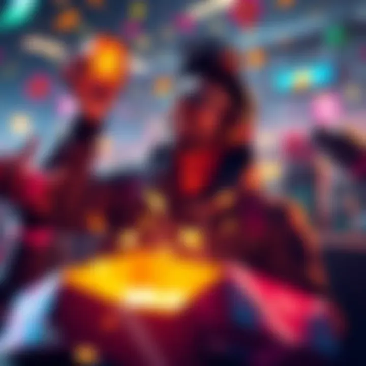 A gamer joyfully reacting to new items from tier jumping, surrounded by colorful loot boxes.