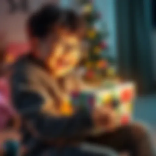 A player excitedly opening a colorful parcel, with joy on their face