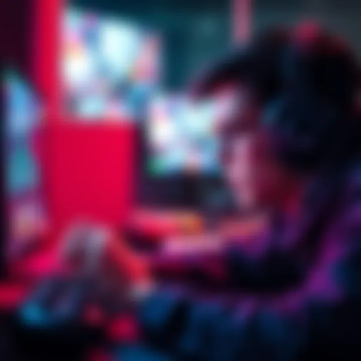 A gamer intensely focused on a screen while playing a mini game, with headphones on and snacks nearby