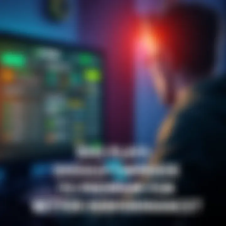 Free-to-play player considering upgrade A player looking at a game screen with performance metrics and upgrade options, showing contemplation about a premium subscription