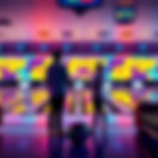 Two players standing at a bowling lane, discussing how winners are determined in Atlas Bowling when scores are tied.