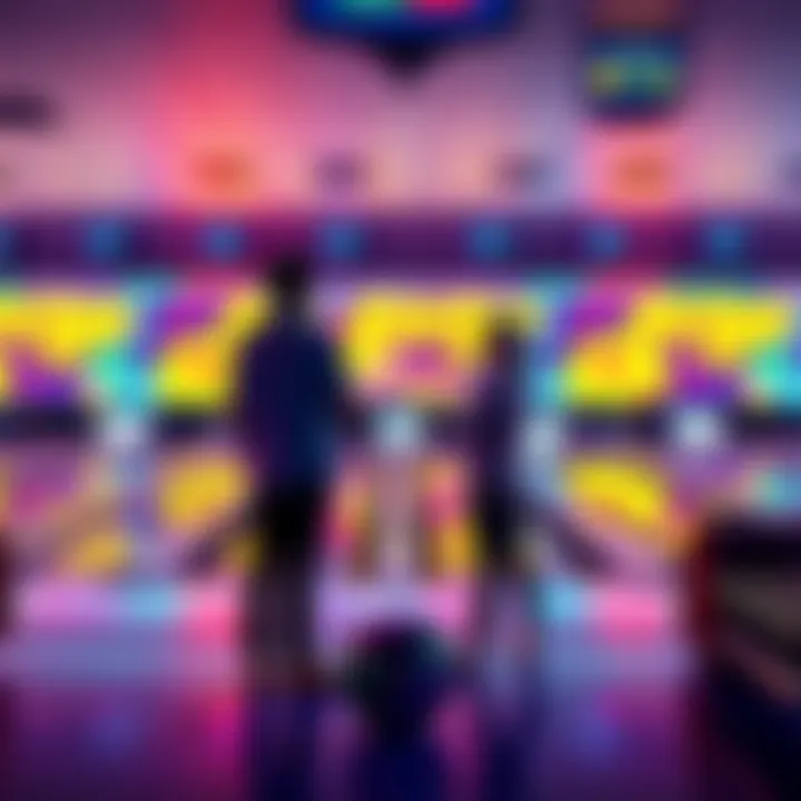Two players standing at a bowling lane, discussing how winners are determined in Atlas Bowling when scores are tied.