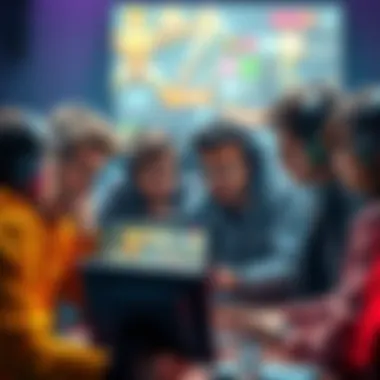 A group of gamers discussing strategies for PW RTS, looking confused and frustrated as they share tips and experiences around a computer screen.