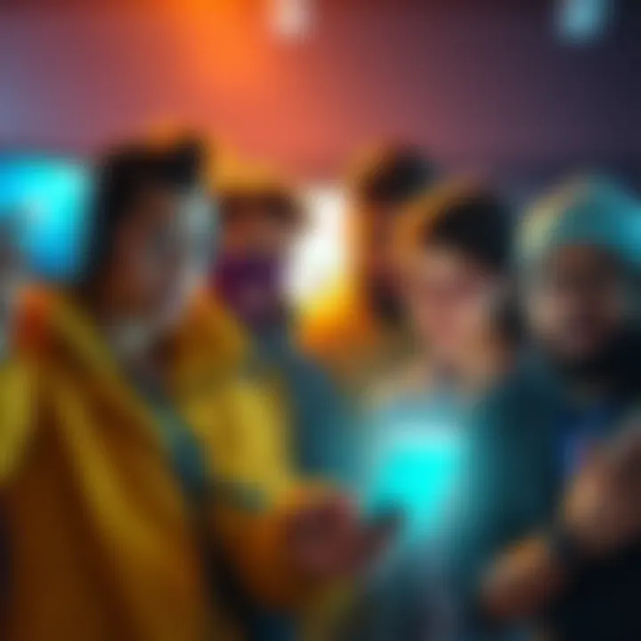 Group of diverse players showing frustration while looking at screens with app restrictions