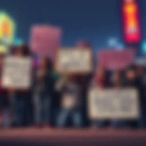 Group of frustrated players holding signs expressing discontent with bid token system and bonus spin ads