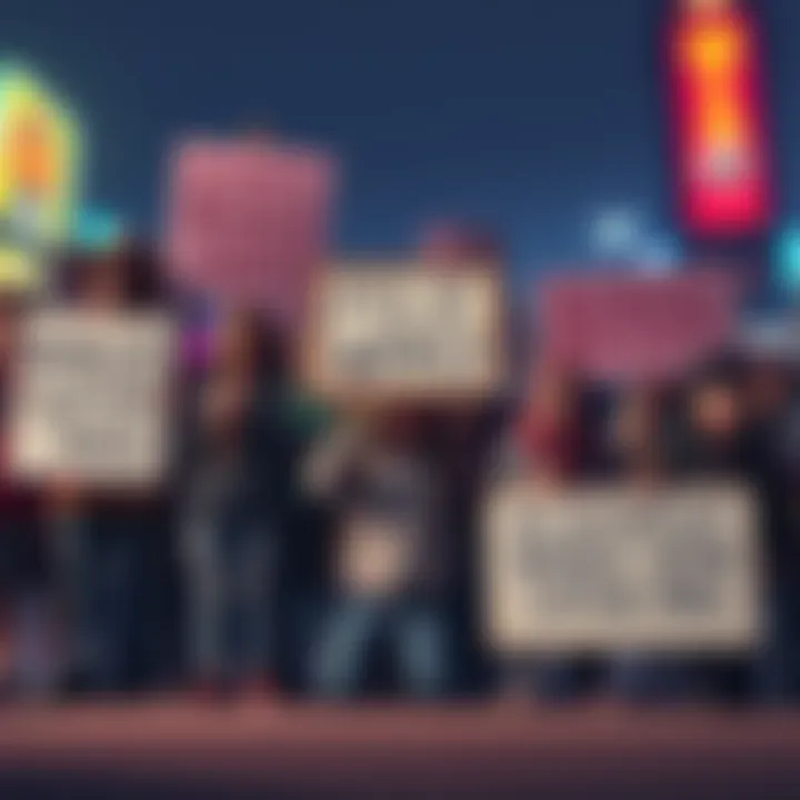 Players protesting against bonus spin ads Group of frustrated players holding signs expressing discontent with bid token system and bonus spin ads