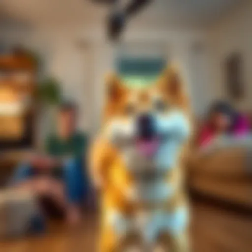 A lively Doge Dog showcasing its playful personality in a home setting, interacting with family members and having fun.
