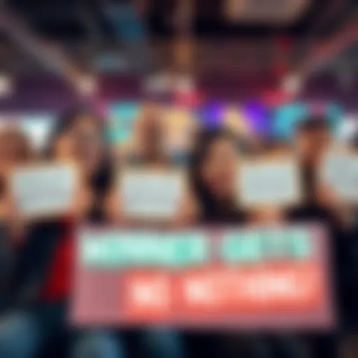A group of smiling people laughing together in a playful contest setting, holding signs that say 'Winner Gets Nothing!'