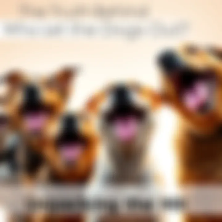 A group of playful dogs with their mouths open, barking joyfully, set against a bright background.