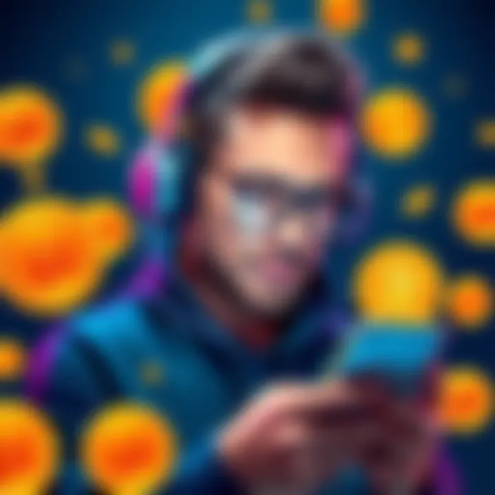 Person wearing headphones while listening to Bitcoin podcast on a smartphone, surrounded by Bitcoin symbols