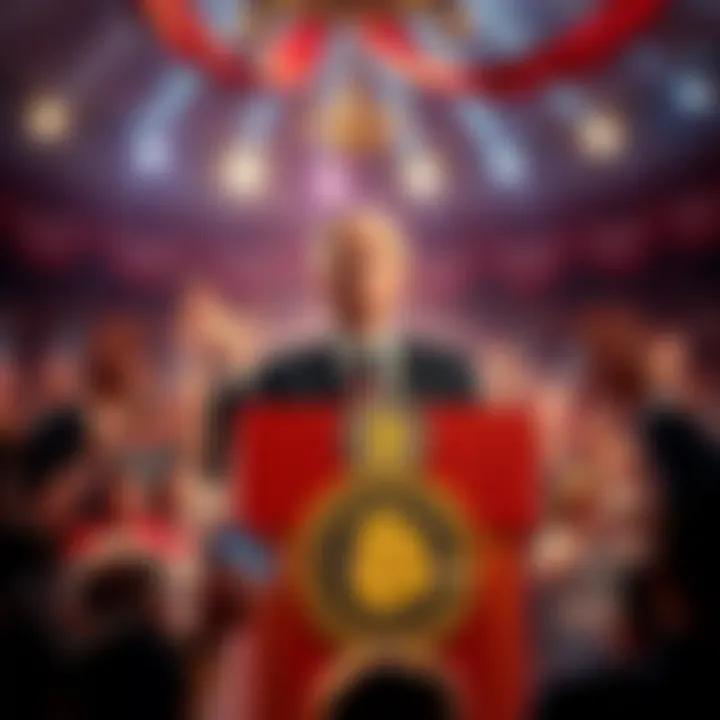 Political Circus in America Vice President JD Vance speaking at a podium about Bitcoin amidst a chaotic political scene