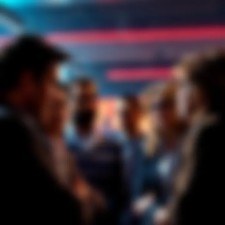 A group of people engaged in a discussion about political figures, showing mixed reactions of interest and skepticism.