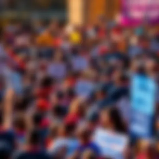 A diverse crowd gathers at a political rally, holding signs for change and engaging in discussions about leadership.