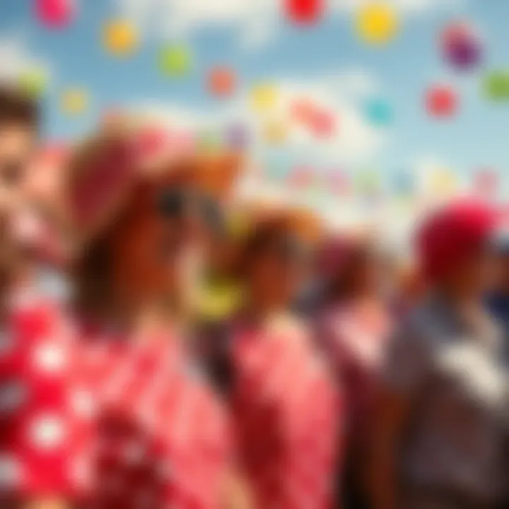 People dressed in colorful polka dot outfits under a sunny sky, enjoying a lively outdoor event