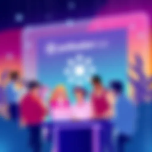A vibrant illustration showing a group of diverse people collaborating to build a decentralized finance app, with a Polkadot Hub logo in the background and digital elements symbolizing finance technology.