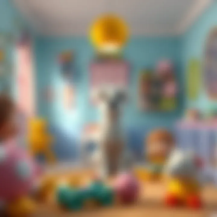 Polly in a colorful nursery setting A bright nursery from 1992 featuring Polly, surrounded by toys and children playing together