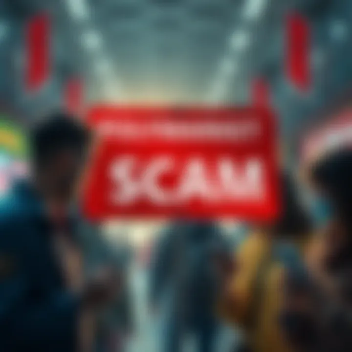 A warning sign about the Polymarket scam with visuals of betting slips and shocked people looking at their phones
