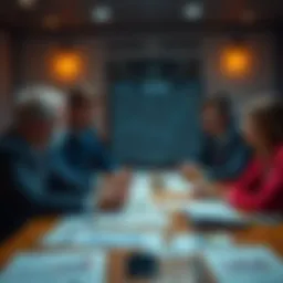 A group of people discussing Ponzi schemes over a table with papers and financial charts, showing confusion and humor