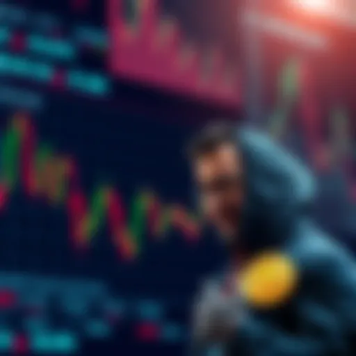 A graphic showing a declining stock chart with a digital coin and a worried investor, symbolizing Ponzi Squared's risky strategy.