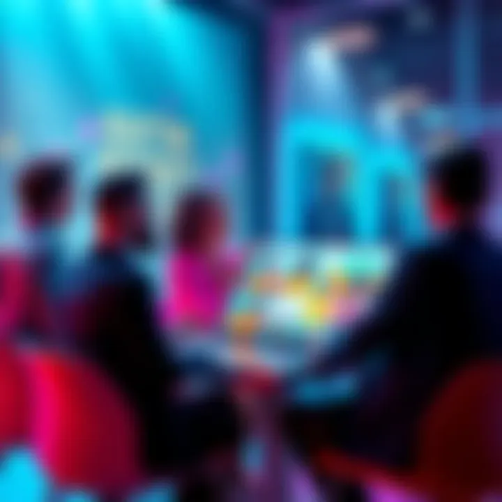 Portfolio Feedback Session A group of experts discussing and reviewing a colorful portfolio filled with artworks and designs.