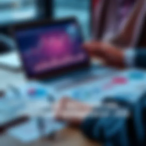A person analyzing investment charts and graphs on a laptop with financial documents spread on the table.