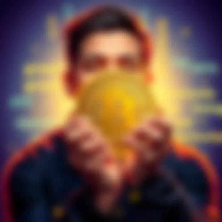 A person smiling and holding a Bitcoin symbol, surrounded by positive words like 'growth' and 'opportunity'.
