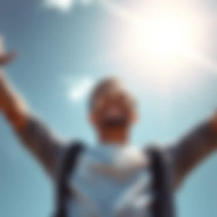 Person smiling with a bright sky in the background A happy person standing outdoors with arms raised, surrounded by a clear sky and sunshine, representing positivity and optimism
