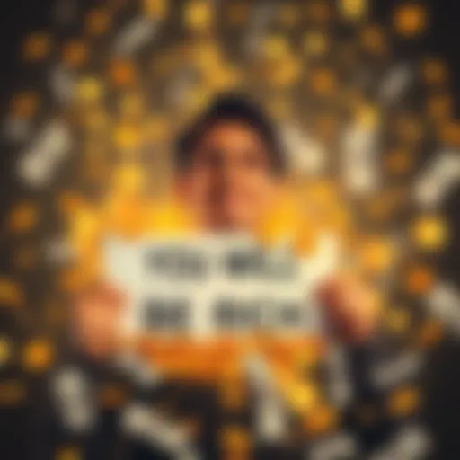 Positive Affirmation A person smiling while holding a sign that says 'You Will Be Rich' surrounded by gold coins and bills.