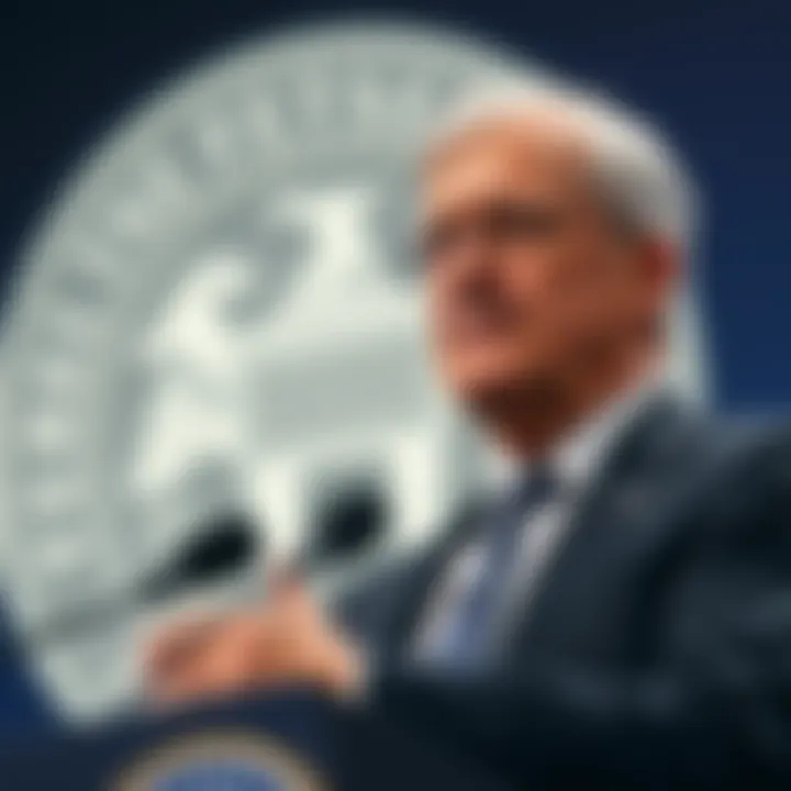 Jerome Powell at a podium discussing interest rates, looking serious and thoughtful, with a backdrop of the Federal Reserve logo.