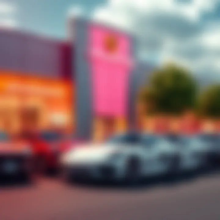 The exterior of the $POWSCHE dealership with bright signage and cars on display, showcasing a busy community atmosphere.