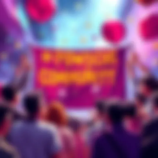 A vibrant community event with people celebrating around a crypto banner, engaging in discussions about $POWSCHE and its benefits, showcasing joy and collaboration.