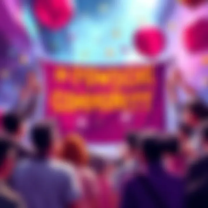 A vibrant community event with people celebrating around a crypto banner, engaging in discussions about $POWSCHE and its benefits, showcasing joy and collaboration.