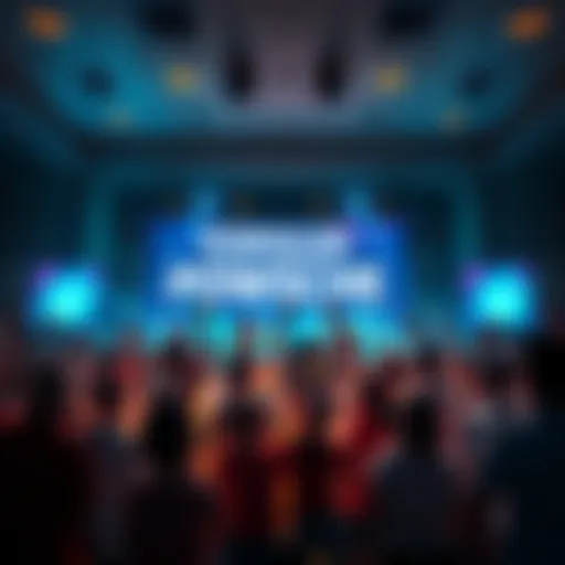 A group of people celebrating the success of POWSCHE in the crypto community with banners and digital displays.