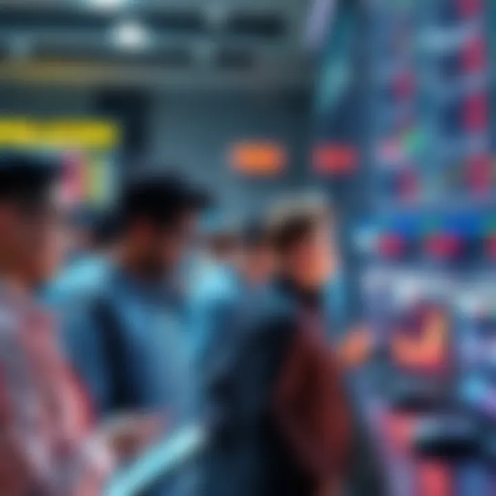 A group of people interacting with digital platforms to place bets on future events, representing the rise of prediction markets over traditional news sources.