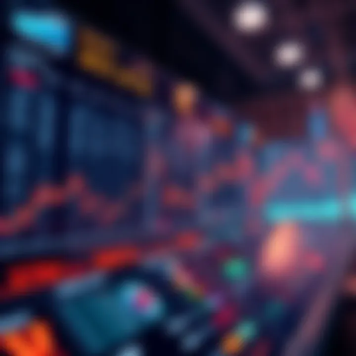 A digital illustration showing a prediction market platform with various charts and large bets highlighted, symbolizing insider trading concerns.