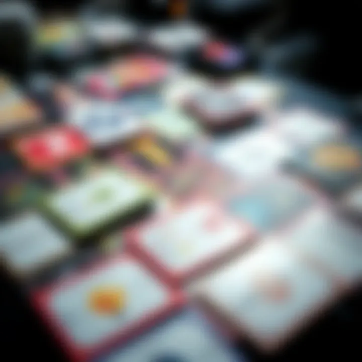 A close-up view of colorful prediction market trading cards spread out on a table, showcasing various designs and market themes.