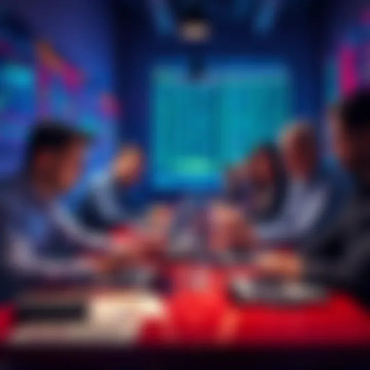 A group of people discussing and analyzing market trends and betting options at a table, with laptops and charts around them.