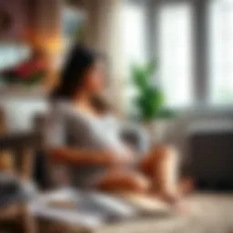 A pregnant woman sitting in a cozy living room, considering home renovations like plantation shutters, with samples of materials beside her.