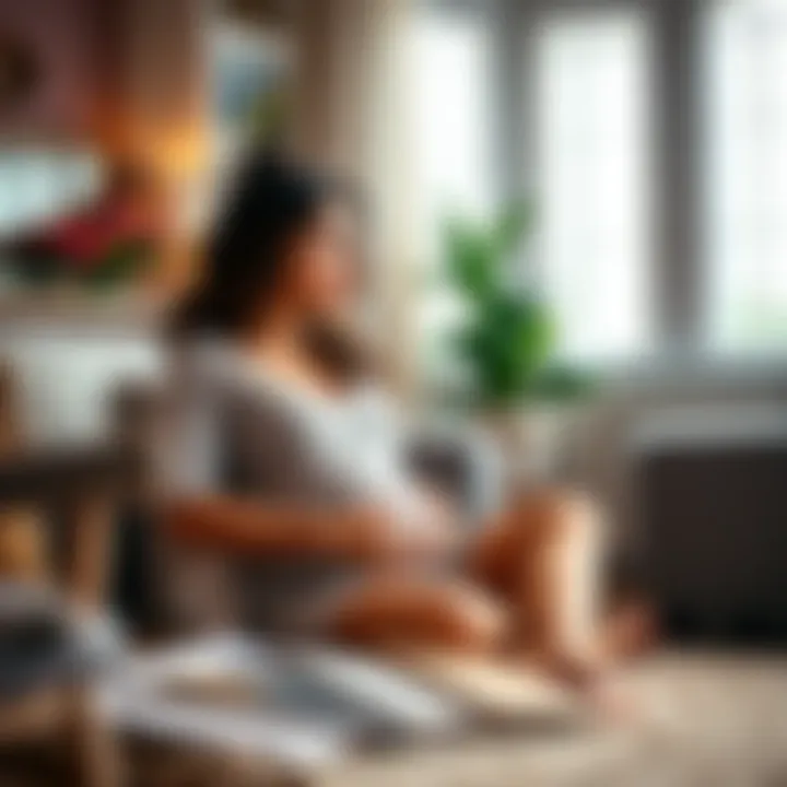 A pregnant woman sitting in a cozy living room, considering home renovations like plantation shutters, with samples of materials beside her.