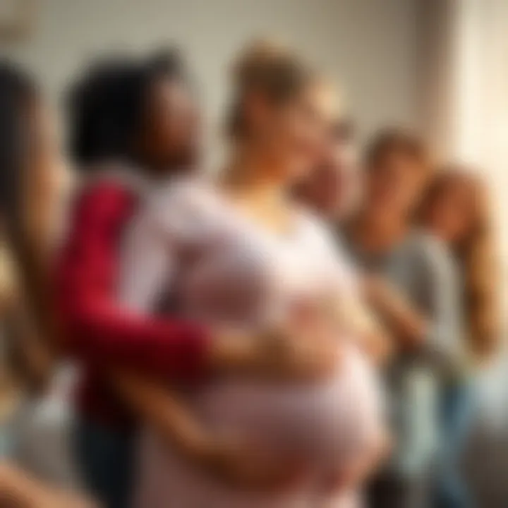 A pregnant woman smiling while holding her belly, surrounded by supportive friends and family, showing strength and resilience.