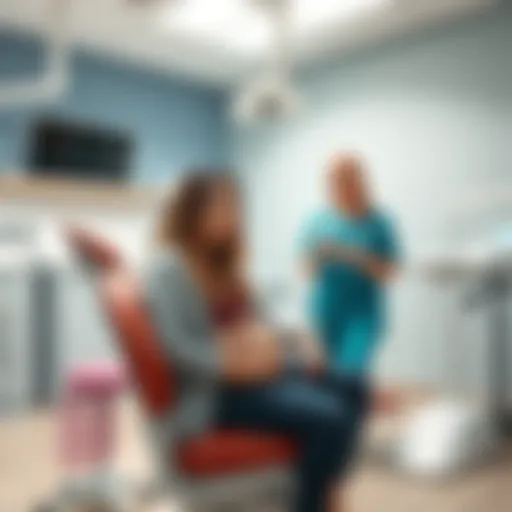 A pregnant woman sitting in a dental chair looking concerned with a dental hygienist nearby explaining the situation.