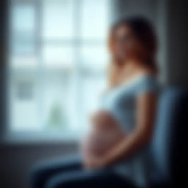 A 24-week pregnant woman with a worried expression, sitting alone in a dimly lit room, holding her stomach and looking out the window.